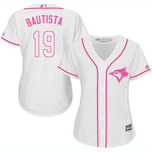 Blue Jays #19 Jose Bautista White/Pink Fashion Women's Stitched MLB Jersey